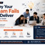 Modern business blog banner showing a frustrated team in a meeting with a manager presenting an idea, highlighting challenges in communication, accountability, and execution. The graphic promotes strategies for improving team performance and business execution.